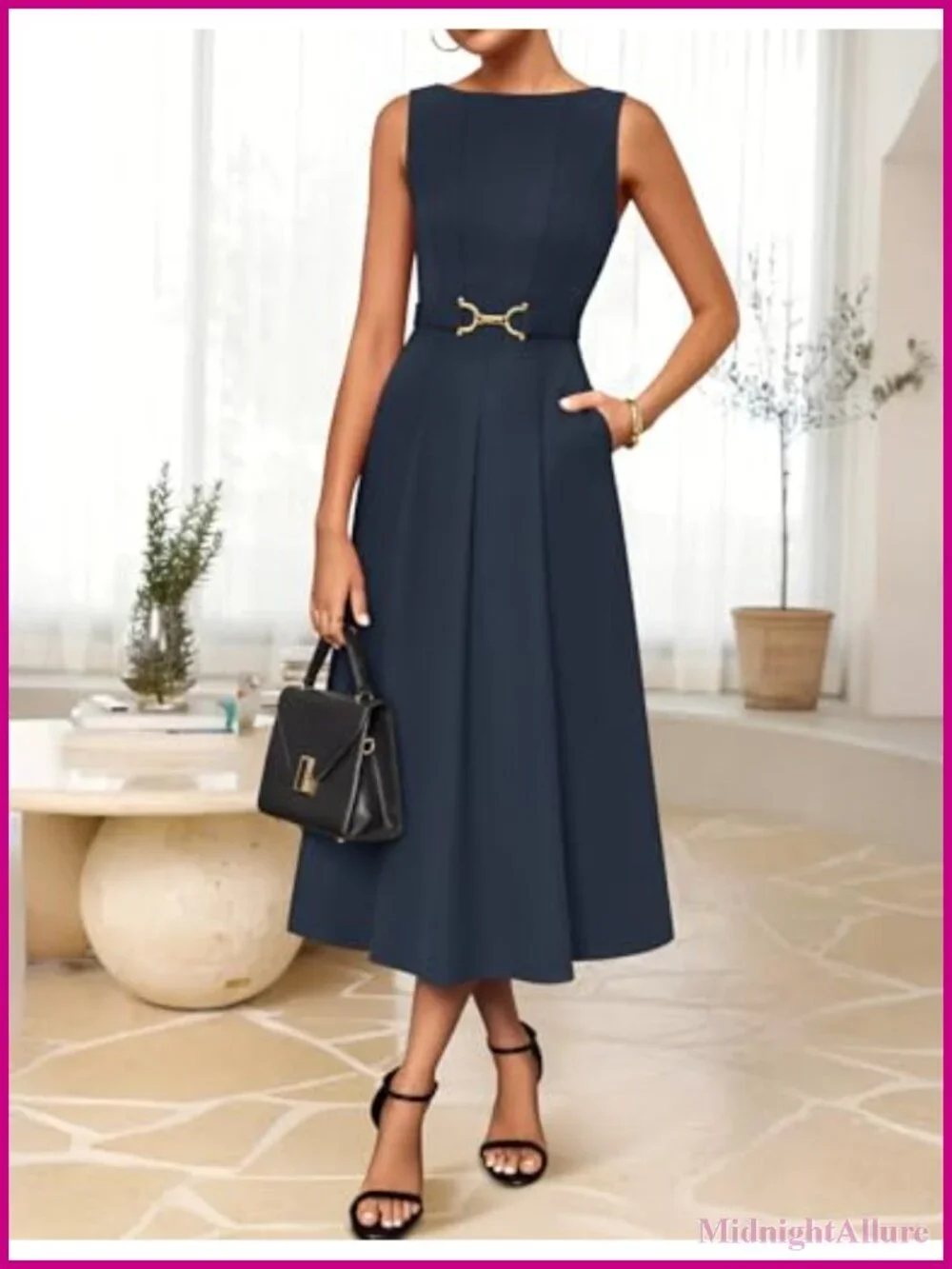 Sleeveless Midi A-Line Dress with Tie Waist, Boat Neck, Side Pockets, Back